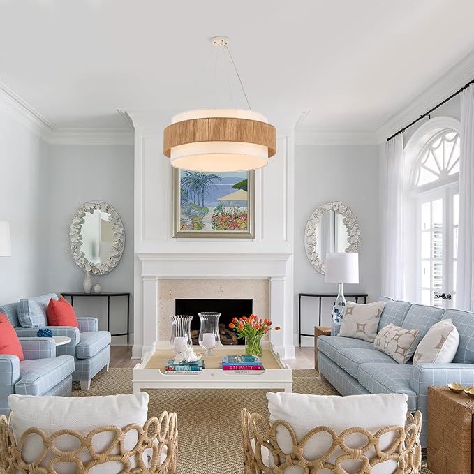 30” Fabric Rattan Chandelier Boho Hand Woven Coastal Pendant Light Adjustable Drum Large Pendant Lighting Fixtures for Dining Room Living Room Kitchen Hallway, Off-White, UL Listed