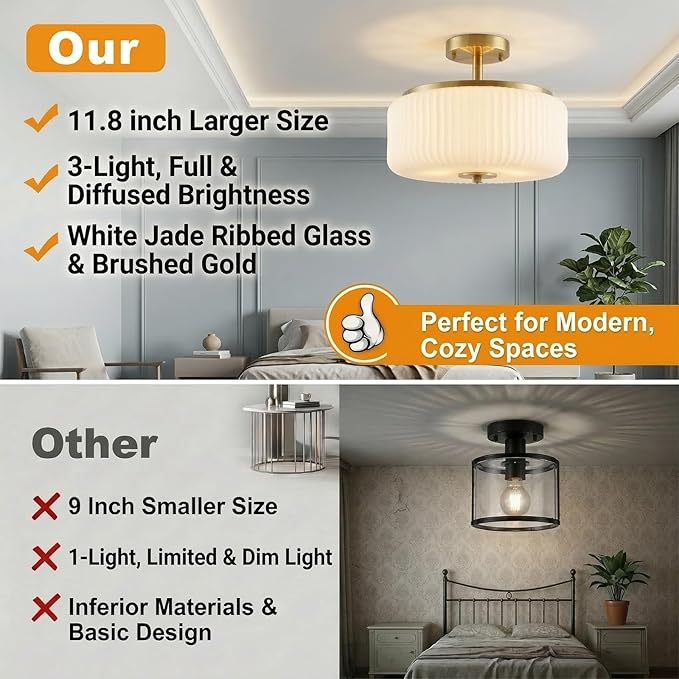 3-Light Gold Semi Flush Mount Ceiling Light, 11.8" Modern Schoolhouse Light Fixtures Ceiling Mount with Ribbed Opal Glass Shade, Anti-Glare Close to Ceiling Lamp for Bedroom Kitchen Hallway Entryway