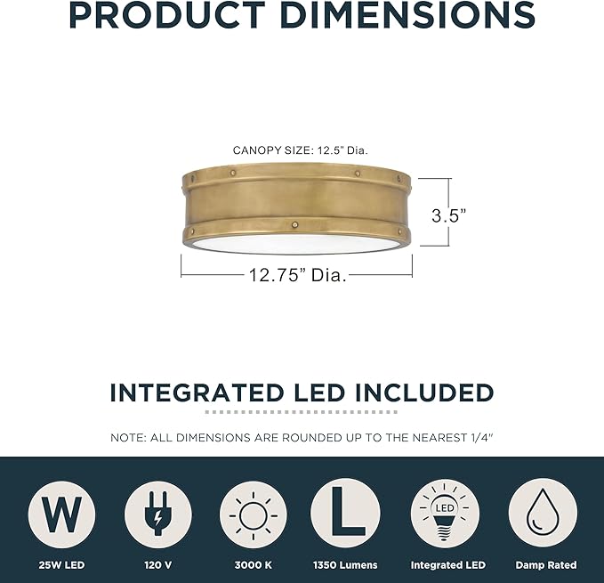 Quoizel Ahoy 12.75" Flush Mount Drum Light, Weathered Brass, Damp Location Rated, Integrated LED 1700 Lumens, Dimmable