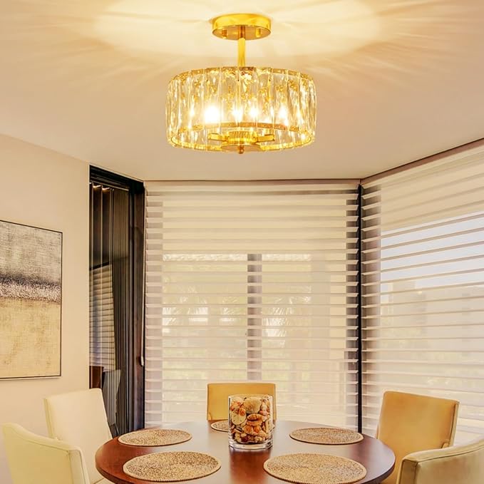 Crystal Ceiling Light, 3-Light Modern Semi-Flushmount Ceiling Light for Living Room, Dinning Room Hallway, D12xH9inch, Gold Finish Frame & K9 Crystal