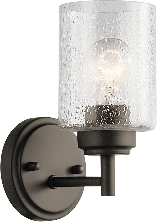 Kichler Winslow 9.25" 1-Light Wall Sconce with Clear Seeded Glass in Olde Bronze for Bathroom Vanity, Kitchen, Living Room, Dining Room, Bedroom, Mudroom, Hallway, Stairwell, 45910OZ