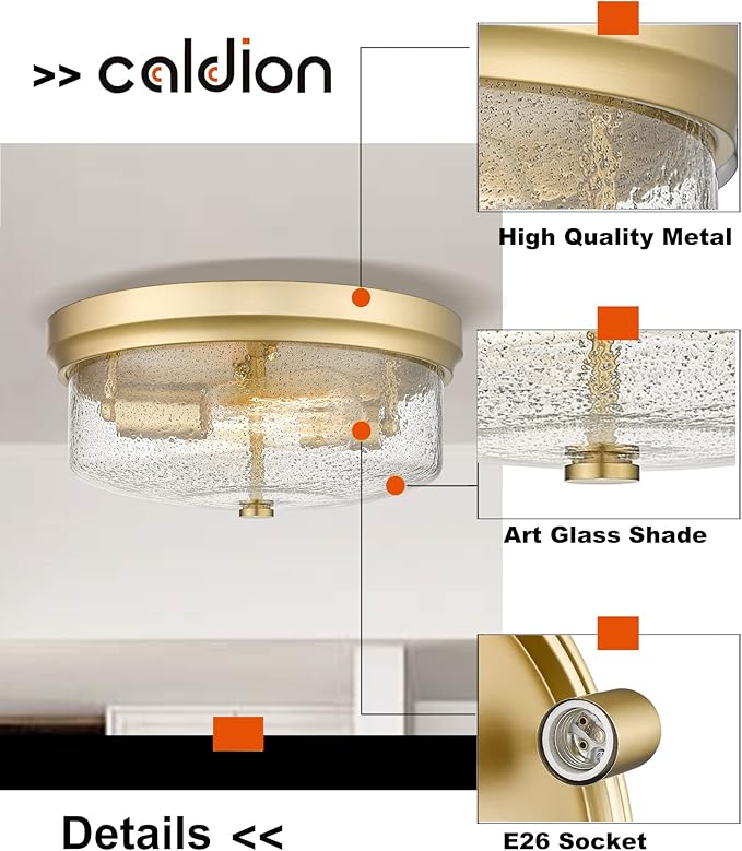 CALDION Gold Close to Ceiling Light Fixtures, 12 inch Flush Mount Hallway Light Fixture Gold Finish with Seeded Glass Shade Bedroom Ceiling Lights for Dining Room Kitchen Laundry Bathroom