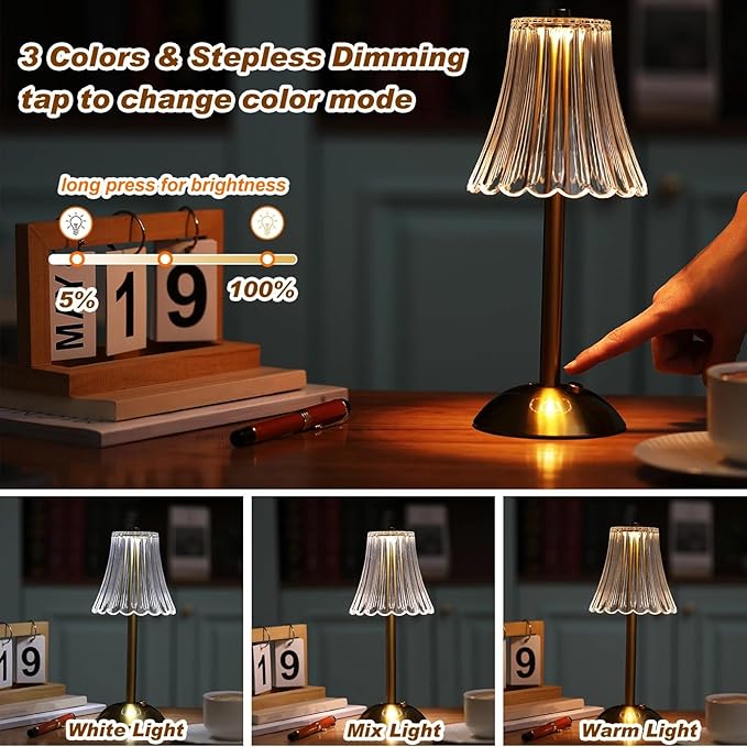 Liliful 12 Pcs Cordless Table Lamp Rechargeable Touch LED Small Gold Portable Battery Operated USB-c Desk Lamp 3 Color Dimmable for Bedroom Living Room Dining (Gold,Rose Style)