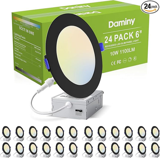 DAMINY 24 Pack 6 Inch Black LED Recessed Lighting with Junction Box,5CCT,Ultra-Thin Recessed Light,10W 1100LM, Dimmable Canless Wafer Ceiling Light, High Brightness