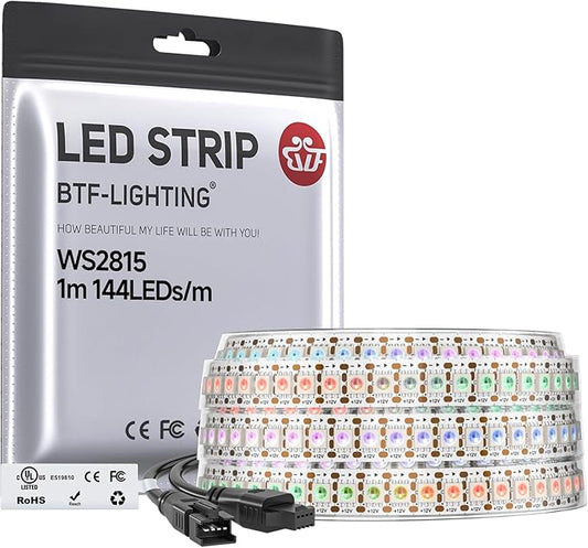 BTF-LIGHTING WS2815 (Upgraded WS2812B) LED Strip Light,UL Listed,3.2FT 144 LED/Pixels,Flexible Chasing RGB,Dual Signal Individually Addressable,5050SMD,3M Tape,DC12V IP67(No Adapter or Controller)