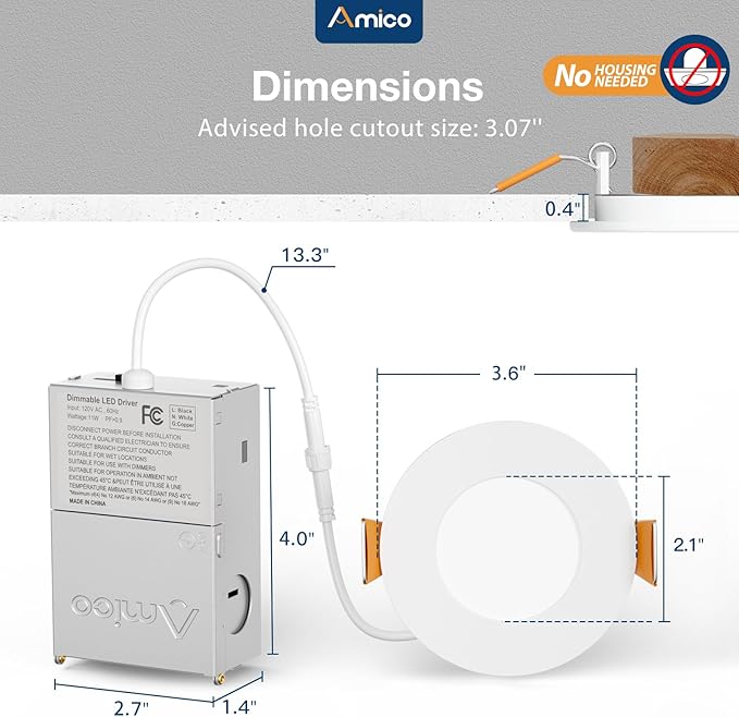 Amico 36 Pack 3 Inch 5CCT Ultra-Thin LED Recessed Ceiling Light with Junction Box, 2700K/3000K/3500K/4000K/5000K Selectable, 7W Eqv 60W, Dimmable Canless Wafer Downlight, 500LM High Brightness -ETL