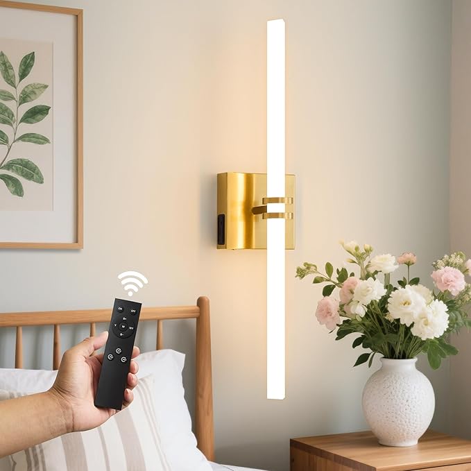 Battery Operated Wall Sconce 1Pack, Gold Rechargeable Wall Lights with Dimmable Remote Control, 22 Inch 3000K-6000K LED Wireless Wall Lamps for Bedroom, Hallway, Background Wall