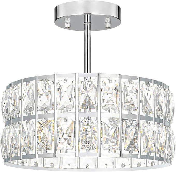 Chrome Crystal Ceiling Light, Modern Semi Flush Mount Ceiling Lighting, Hallway Lighting Fixtures, Small Chandelier Light Fixture for Kitchen Entryway Bedroom Dining Room, 3-Light, 12 Inch