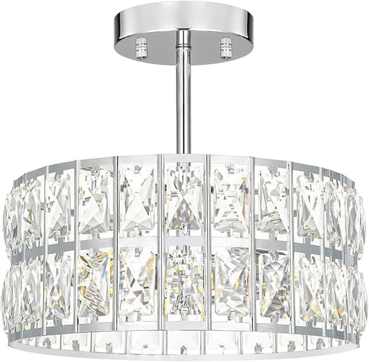 Chrome Crystal Ceiling Light, Modern Semi Flush Mount Ceiling Lighting, Hallway Lighting Fixtures, Small Chandelier Light Fixture for Kitchen Entryway Bedroom Dining Room, 3-Light, 12 Inch