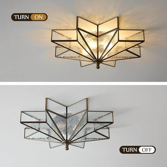 Star Brass Glass Ceiling Light - 19.5 in Black Bronze Hammered Large Flush Mount Fixture - Unique Art Deco Mid Century Vintage Moravian Lighting Lights for Bedroom Dining Foyer Living Room