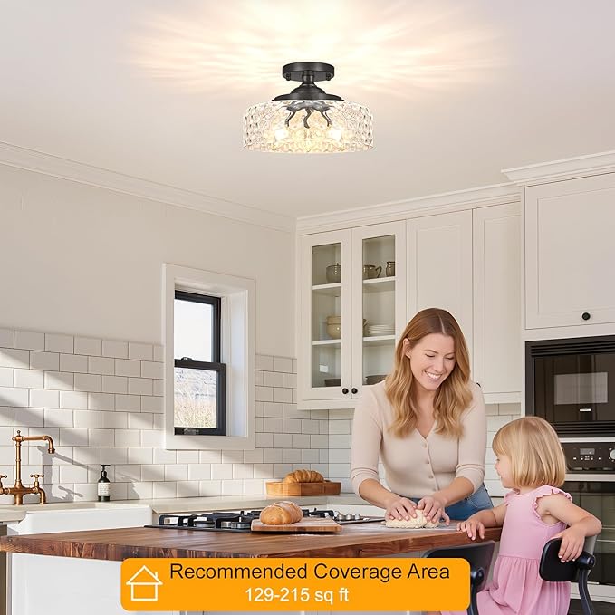 Black Semi Flush Mount Ceiling Light, 3-Light Ceiling Light with Hammered Glass, Vintage Hallway Lights, Closet Light Fixture, Kitchen Flush Ceiling Mount for Entryway Bedroom Bathroom,E12