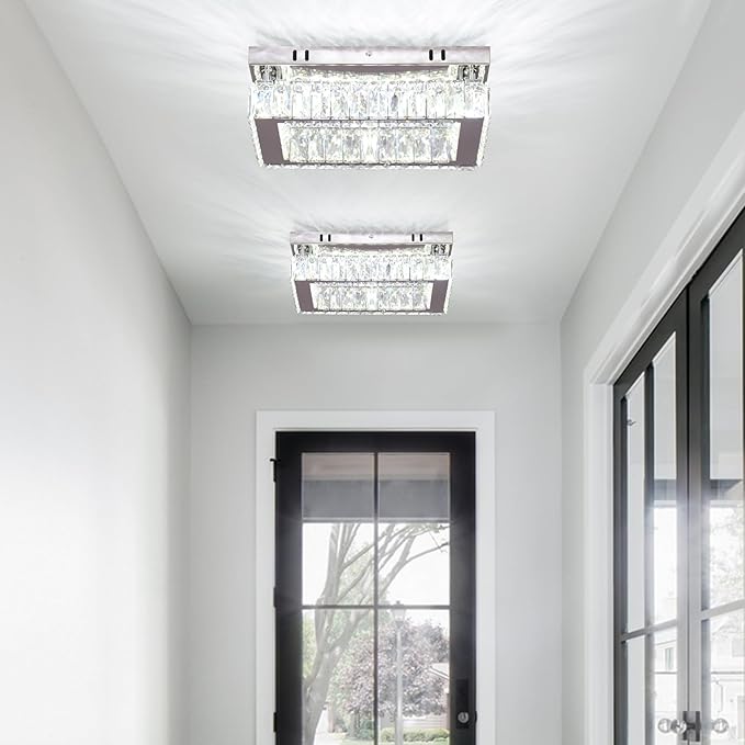 Finktonglan Crystal LED Flush Mount Ceiling Light, 11.8"×9.1" Rectangular Close to Ceiling Light, K9 Crystal & Mirror Stainless Steel, 20W 6000–6500K Cool White, Non-Dimmable