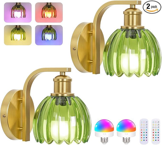 Rechargeable Battery Operated Wall Sconce Set of Two with Green Glass Lampshade, Wireless Battery Powered Wall Lamp with Remote Control, 15 Colors Gold Wall Light for Bedside Hallway Bedroom Doorway
