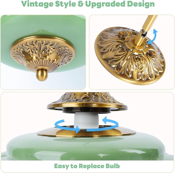 9in Green Milk Glass Ceiling Light, LED Bulb Included, Vintage Schoolhouse Semi Flush Mount Pendant Light Art Deco Chandelier for Kitchen Dining Room Hallway Bedroom, Antique Gold & Green