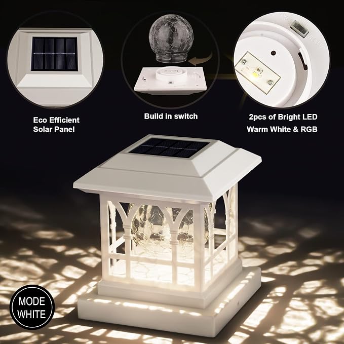 Solar Post Cap Lights, Warm White & RGB Automatic Cycling, Cracked Glass Bulb, 20 Lumens lP65 Waterproof Fit 3.6x3.6 4x4 4.5x4.5 5x5 Wood Fence Post Solar Powered Lights White (1 Pack)