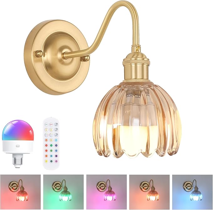 Shenmoyl Vintage Battery Operated Wall Sconce, 5000mAh Rechargeable Wall Light, Indoor Battery Powered Wall Lamp for Bedside Bedroom Living Room, Tulip Amber