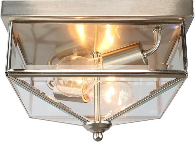 Kalium Flush Mount Ceiling Light Fixture, 2-Light Brushed Nickel Ceiling Light with Clear Glass, Modern Farmhouse Indoor/Outdoor Lighting for Kitchen, Hallway, Entryway, Foyer, Stairway (E26 Base)