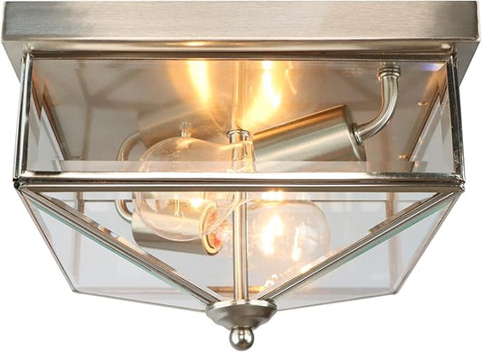 Kalium Flush Mount Ceiling Light Fixture, 2-Light Brushed Nickel Ceiling Light with Clear Glass, Modern Farmhouse Indoor/Outdoor Lighting for Kitchen, Hallway, Entryway, Foyer, Stairway (E26 Base)