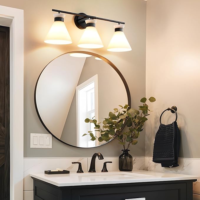 Black Bathroom Vanity Light Fixtures: Vanity Lighting Fixtures over Mirror 23.4 inch with Milky White Frosted Glass, 3-Lights Farmhouse Vintage Vanity Lighting Bathroom Wall Light(Exclude Bulb)
