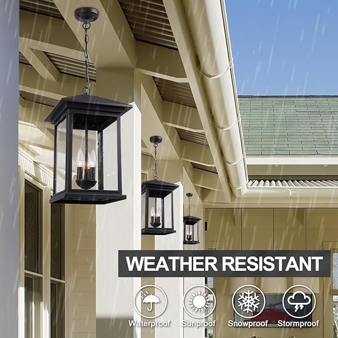 Treekee Large Outdoor Pendant Light, Modern Adjustable Hanging Lantern, Black Outside Porch Chandelier Light with Seeded Glass, Exterior Pendant Lighting for Patio, Porch, Yard, Gazebo