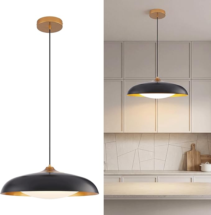 kudos 21 Inch Large LED Large Pendant Light, Black and Gold Dome Metal Pendant Light with Acrylic Shade, Farmhouse Pendant Light with Adjustable Cord,5CCT, Kitchen Bar Study Room, KDPL02-BK-L