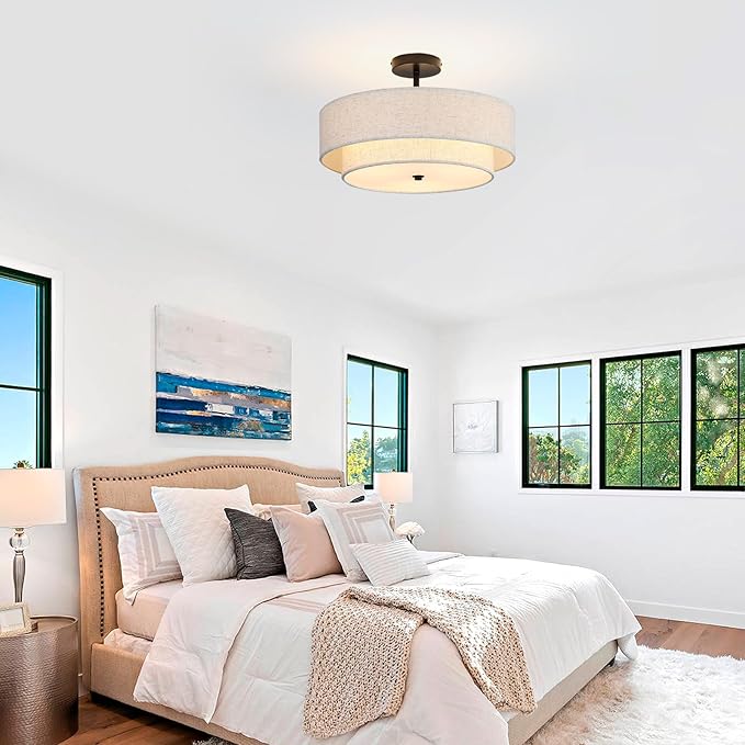16.5 inch Semi Flush Mount Ceiling Light with Natural Linen Shade, 3-Light UL Listed Fixture with E26 Socket (No Bulb Included) for Bedroom, Kitchen, Living Room