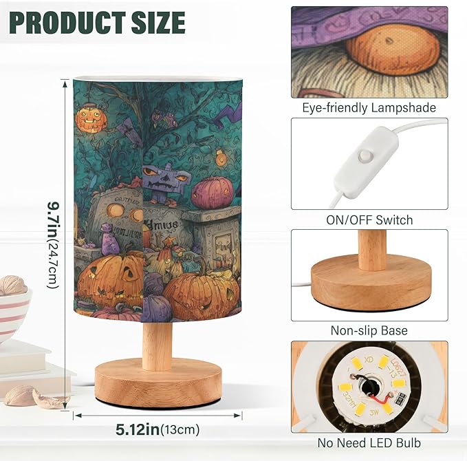 Aslsiy Halloween Gnomes Pumpkins Moon Bedside Table Lamp Bat Nightstand Lamp Night Light Fabric Shade for Bedroom Living Room Home Office