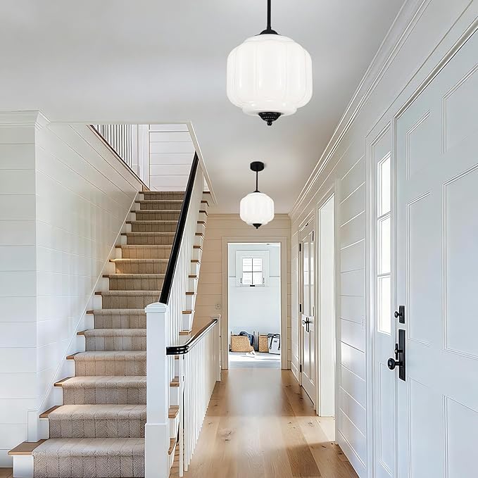 Antique Black Milk Glass Ceiling Light Fixture, 9.8in Vintage Semi Flush Mount Pendant Light, Retro Milk Glass Chandelier for Entryway, Dining Room, Bedroom, Hallway, Foyer