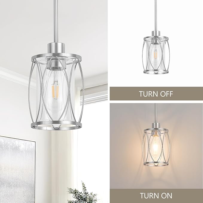 Glass Pendant Lights Kitchen Island Brushed Nickel Pendant Light Fixtures Adjustable Modern Mini Hanging Light with Clear Glass for Sink Dining Room Foyer Entryway Bar, 3 Pack