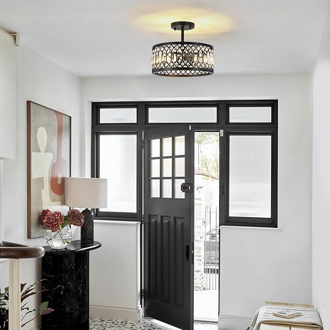 CNRATYE 12.6" Crystal Semi Flush Mount Ceiling Light Fixture, 3-Light Antique Black Hallway Light Fixtures, Round Chandelier for Bathroom Entryway Closet Bedroom Kitchen Dining Room