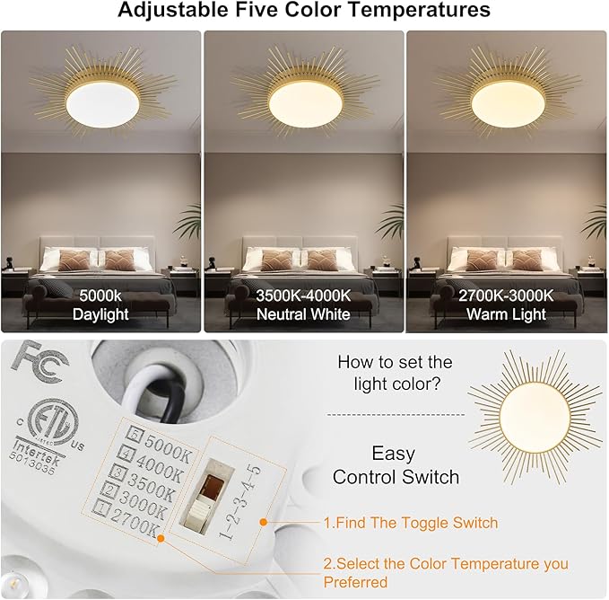 D23.6 In. LED Dimmable Ceiling Lights Flush Mount, Kids Ceiling Light Fixture, Nursery Light Fixture Brass Firework Flower Ceiling Light for Kids Room Bedroom Nursery Ceiling Light 5CCT 2700K-5000K