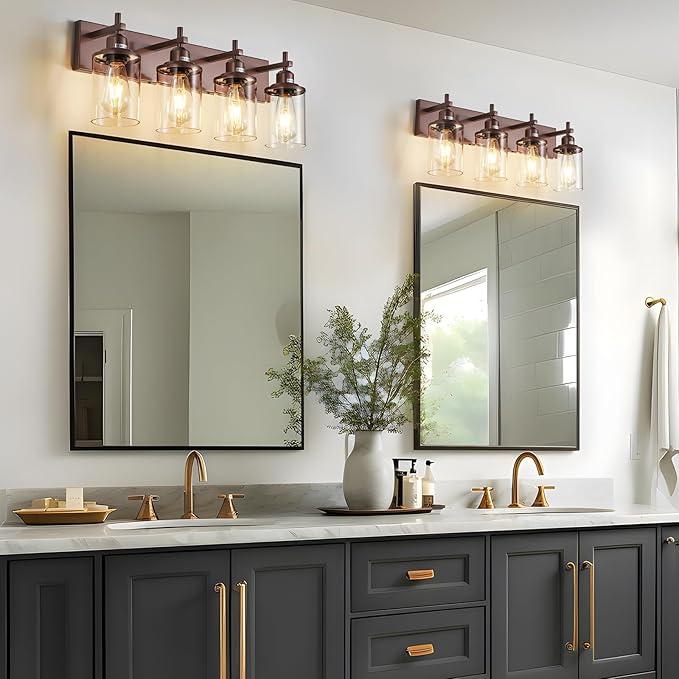 Lanhall 4-Light Bronze Bathroom Light Fixtures Over Mirror, Modern Bathroom Vanity Light with Clear Glass Shade, Wall Sconce for Bathroom Hallway Cabinet Bedroom