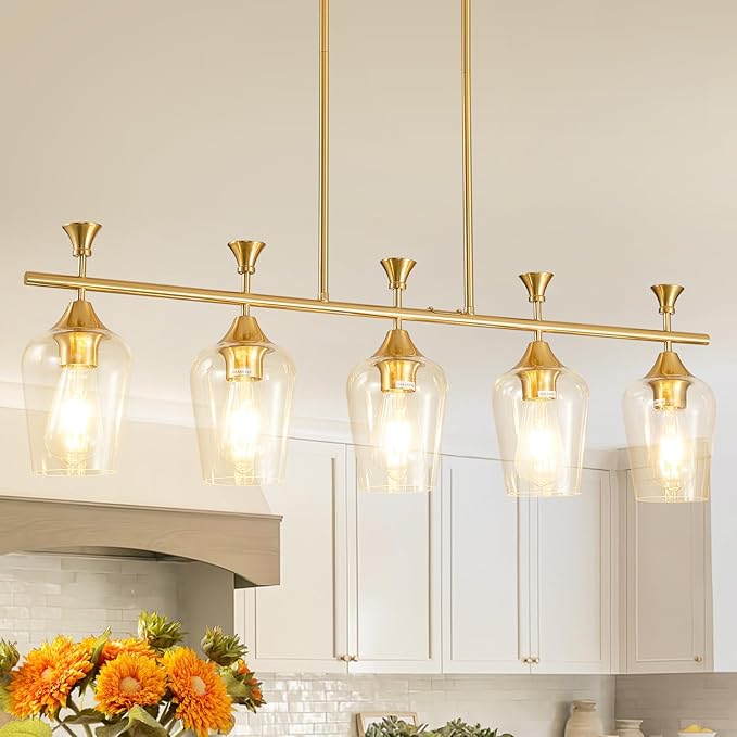 37" Dining Room Light Fixture/Chandelier Over Table, 5-Light Brushed Gold Kitchen Island Lighting with Clear Glass Shade, Modern Hanging Pendant Lights Fixture for Kitchen Island, Dining Room, Bar