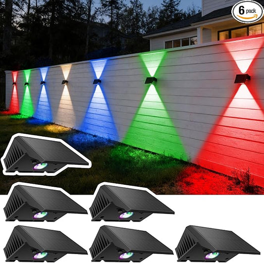 Solar Fence Lights Outdoor, 6 Pack White & RGB Up and Down Solar Wall Lights, IP67 Waterproof LED Dusk to Dawn Solar Powered Fence Lights for Patio, Backyard, Deck, Garden, Yard, Outdoor Wall Decor