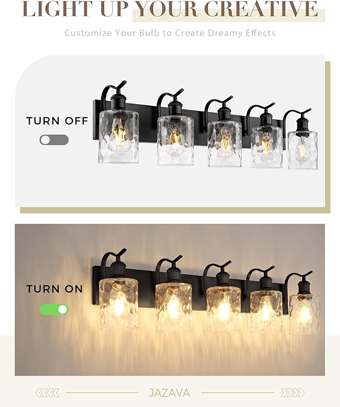 Bathroom Vanity Light Fixtures 5-Light Hammered Glass Modern Wall Mounted Over Mirror Black - VL01BKH-5