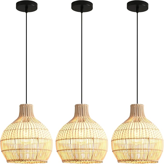 3 Pack Rattan Pendant Light Fixture Mini Hand-Woven White Rattan Chandelie,11Inch Boho Wicker Hanging Lamp for Dining Living Bedroom Kitchen Farmhouse