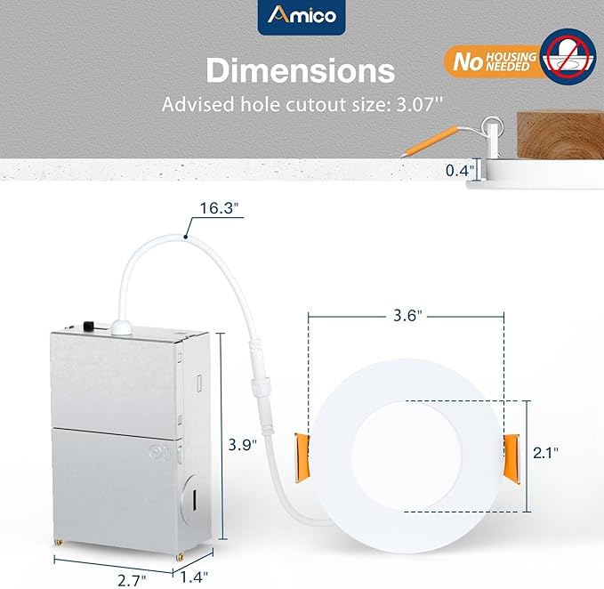 Amico 6 Pack 3 Inch 5CCT Ultra-Thin LED Recessed Ceiling Light with Junction Box, 2700K/3000K/3500K/4000K/5000K Selectable, 7W Eqv 60W 500LM Brightness Dimmable Canless Wafer Downlight, ETL