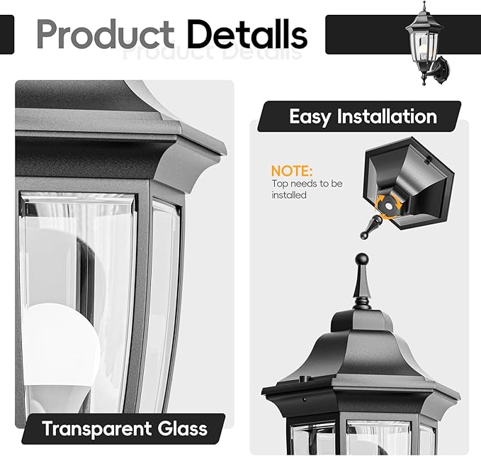 EMART Dusk to Dawn Outdoor Porch Light, Exterior Anti-Corrosion, Waterproof Aluminum & Glass Shades Wall Lamp Fixture, Modern Sconce Lantern for Yard, House, Garage - 2 Pack, Black （Bulb Included）