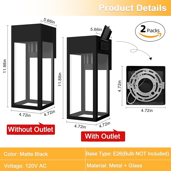 2 Pack Porch Lights Outdoor Wall Sconce, Outdoor Light with GFCI Outlet, Waterproof Exterior Wall Lantern Light Fixtures, Anti-Rust Wall Lamp with Clear Glass for Patio Doorway Garage- Black