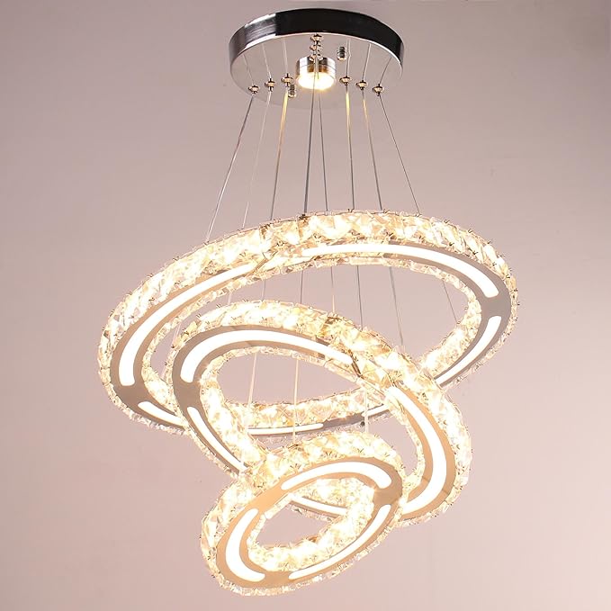 CXGLEAMING Modern Crystal Chandeliers DIY 3 Rings Dimmable Ceiling Light Fixture LED Pendant Lamp for Kitchen Dining Room Living Room Bedroom 180mm Base 153 Crystals (Dimmable)