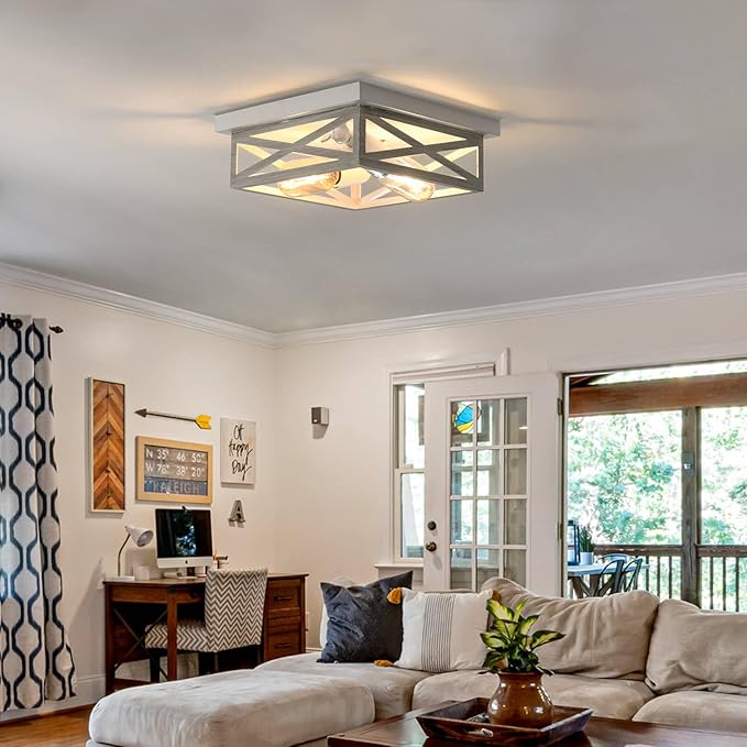 2 Pack White Flush Mount Ceiling Light, Farmhouse Ceiling Light Fixtures, 2-Light Rustic Metal Finish Industrial Kitchen Light Fixture for Bedroom, Hallway Light