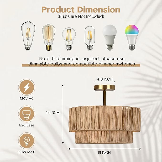 16 Inch Boho Rattan Ceiling Light, 3-Light Semi Flush Mount Ceiling Light Fixture with Handwoven 2-Tier Drum Shade, Farmhouse Coastal Paper-Woven light fixture for Bedroom, Dining Room, Living Room