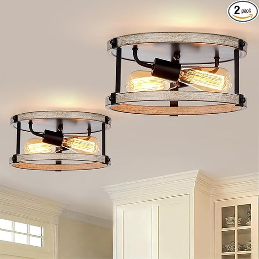 2 Pack Farmhouse Flush Mount Ceiling Light Fixture, 12.5 Inch 2-Light Rustic Ceiling Mount Light Fixtures, Round Drum Oak Wood Finish Flush Mount Lights for Kitchen Bedroom Hallway Dining Room