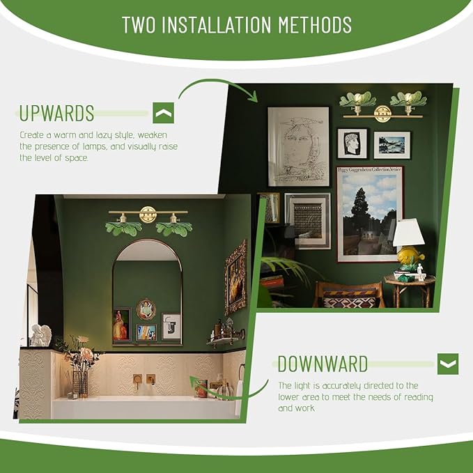 Green Bathroom Vanity Lights Over Mirror, 2 Light Vintage Wall sconces with Glass Shade Bathroom Sconce mid Century Wall Sconce Light Gold Wall Lighting Fixture for Bedside Bedroom Doorway
