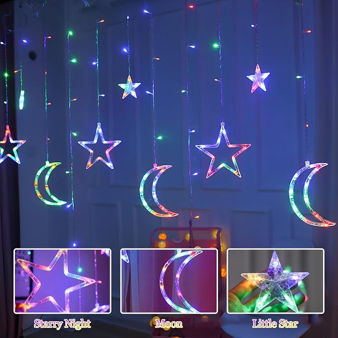 Lemical Star Moon Curtain Lights 11.5ft Battery Powered Remote Control LED Fairy Light Strings,8 Flashing Modes Waterproof Decorative Lights for Christmas, Party, Bedroom Decorations(Multicolored)
