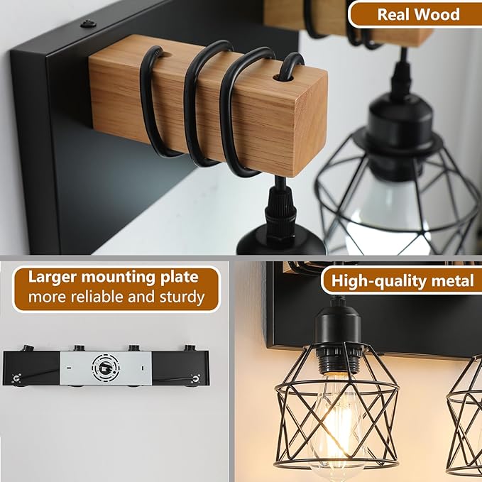 Farmhouse Vanity Light Fixture,3-Light Bathroom Lighting,Black Industrial Wood Wall Light Over Mirror with Metal Shade,Bulbs NOT Included