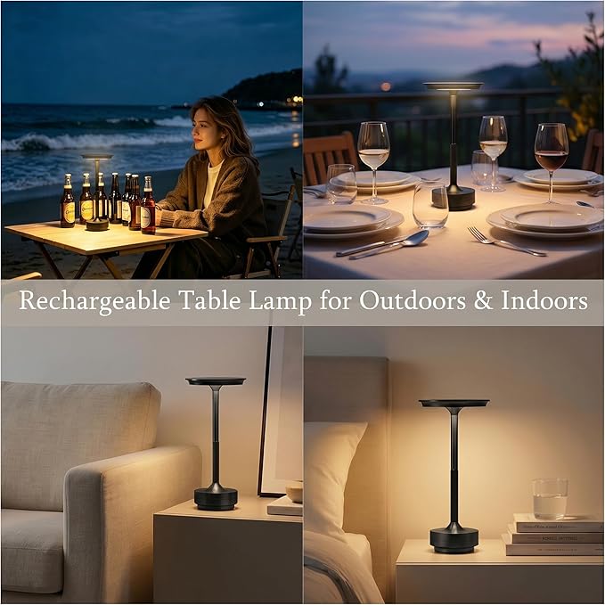 Rechargeable Cordless Table Lamp Set of 2, Portable Battery Operated LED Table Light, 3 Color Stepless Dimming with Touch Sensor for Outdoor Restaurant Dining Room Bedroom Living Room,Black