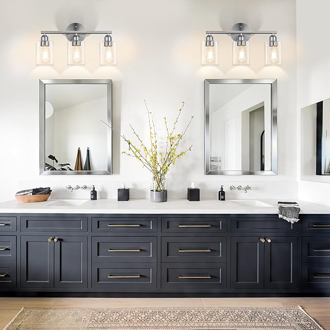 3-Light Bathroom Vanity Light Fixture, Modern Wall Lamp for Mirror with Clear Glass Shade, Silver Finish