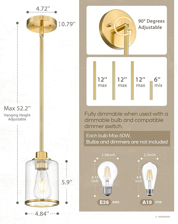 Beionxii 2 Pack Brushed Gold Pendant Lights Kitchen Island, Modern Kitchen Pendant Lighting Over Island, Hanging Lights with Clear Glass for Sink, Dining Room, Entryway, BX-PL02BG-2CG
