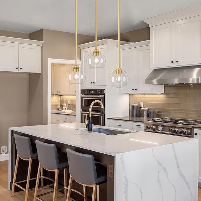 Gold Pendant Light Fixtures 2 Pack, Globe Pendant Lights with Clear Glass Shade,Pendant Lights Kitchen Island, Kitchen Pendant Lighting Over Island, Hanging Lights for Kitchen Island